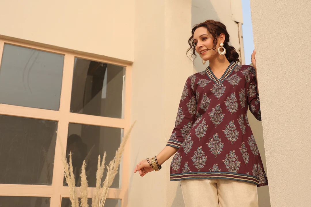 Red Printed Cotton Top Kurti