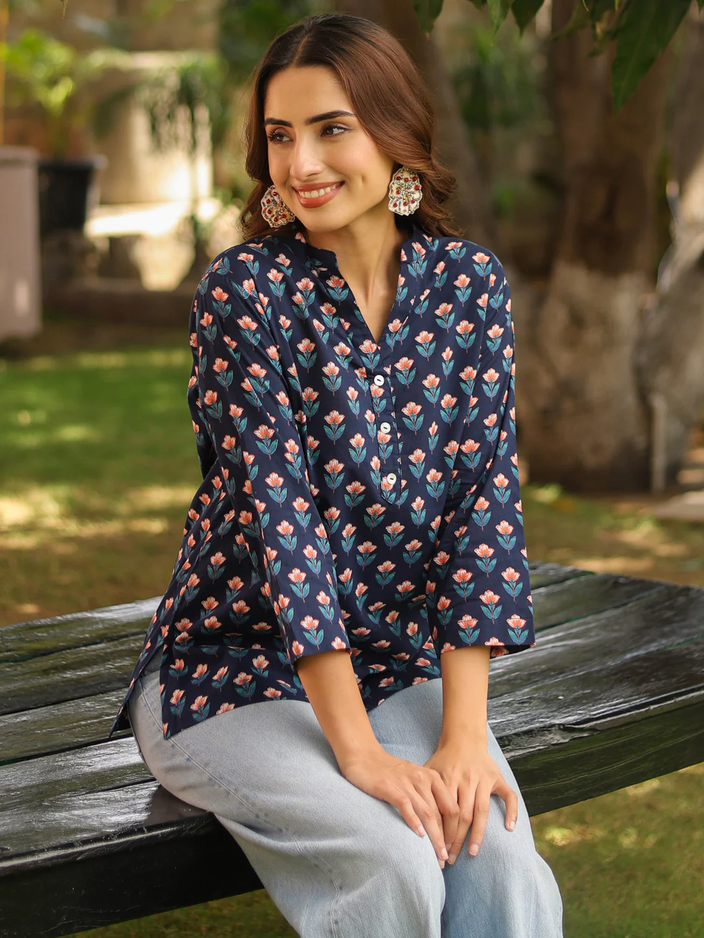 Mandarin Collar Floral Printed Straight Kurti