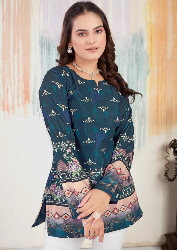 Foral Printed Short Cotton Kurtis in Full Sleeves