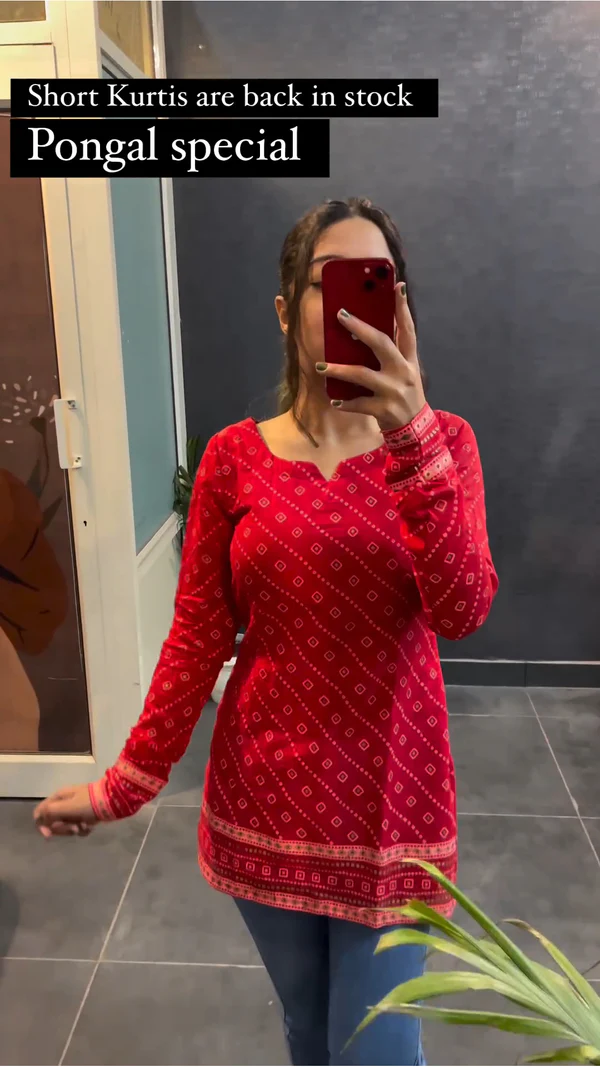 Red Printed Cotton Short Kurti for Women