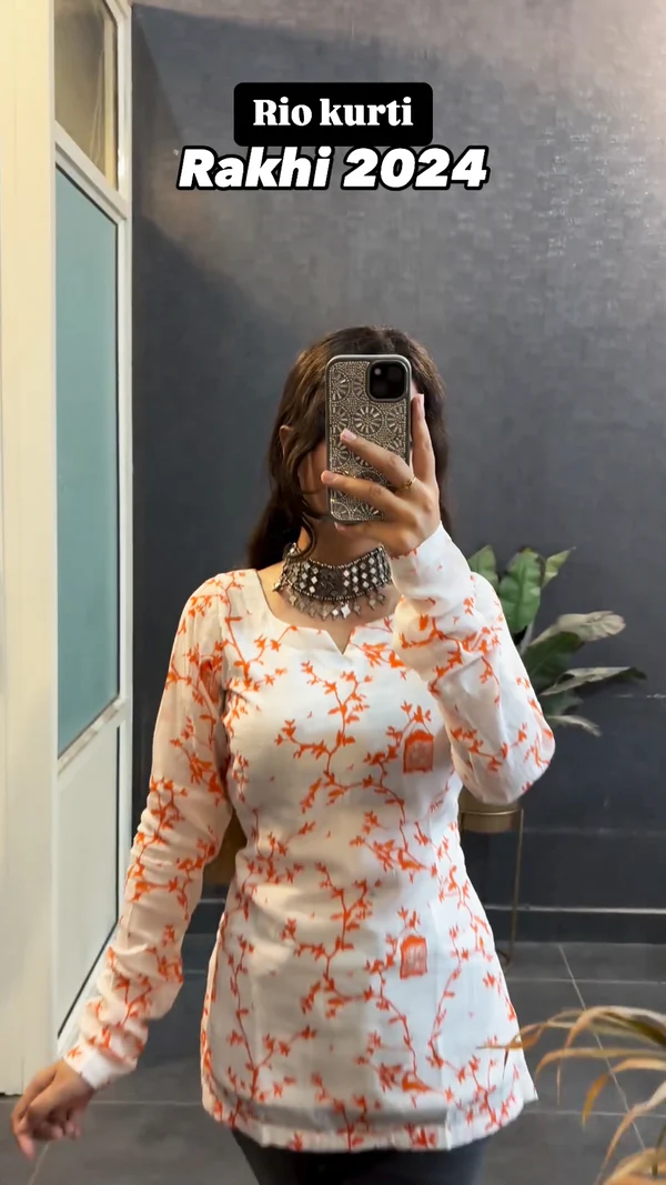 Rakhi New White Orange Printed Short Kurtas with lining