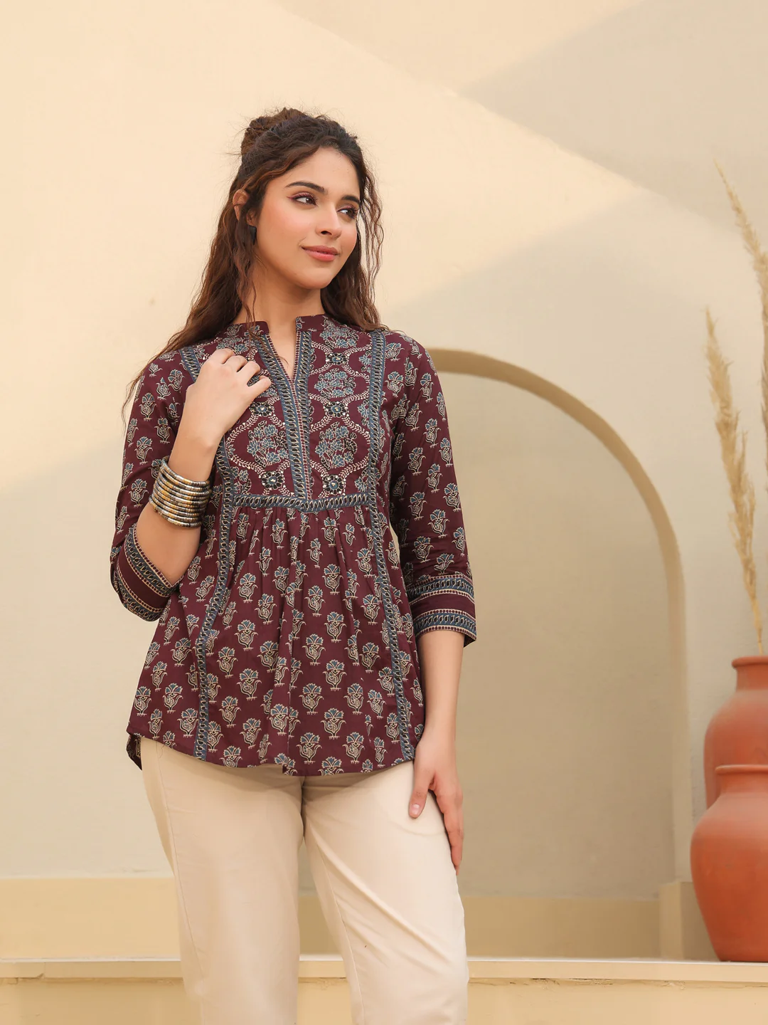 Print Mandarin Collar Cotton Top Kurti