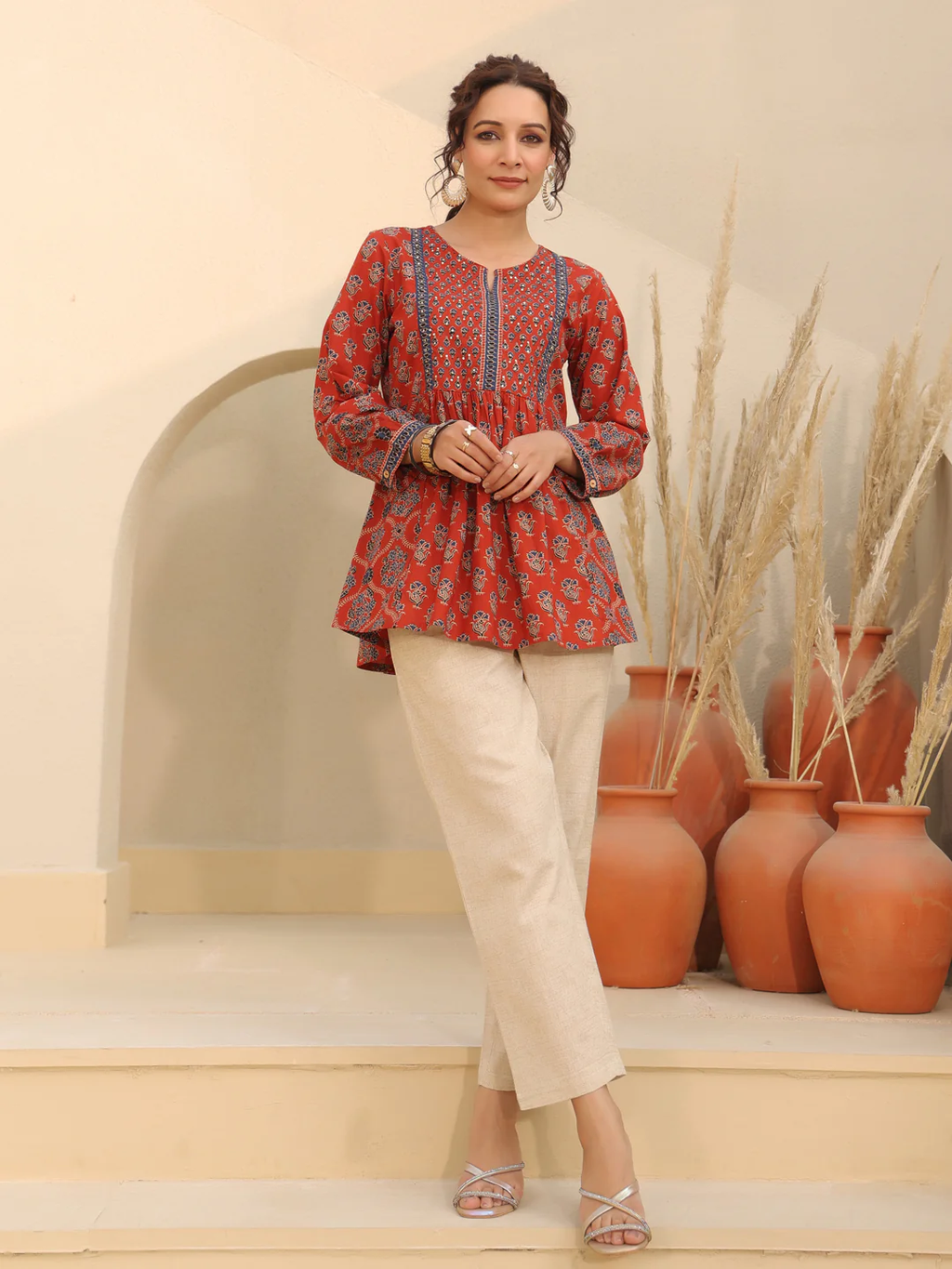 Print Mandarin Collar Cotton Top Kurti