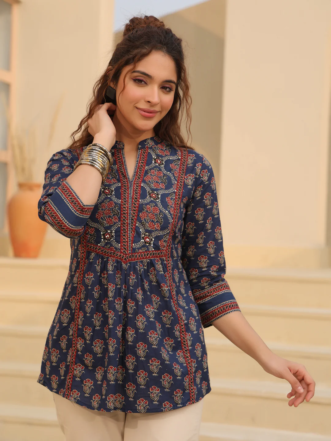 Print Mandarin Collar Cotton Shirt Style Top Kurti