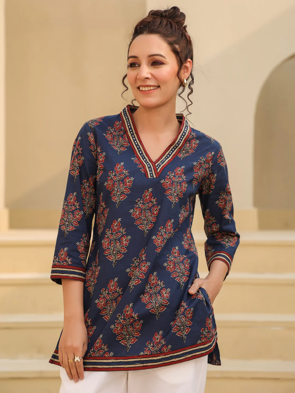 Blue Printed Blue Cotton Top Kurti