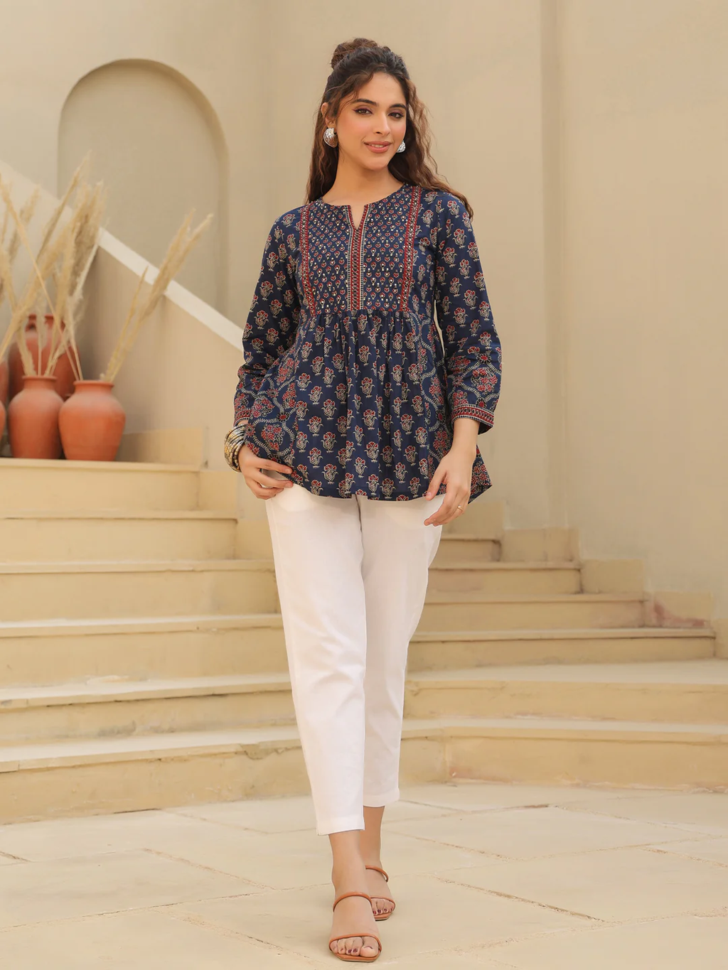 Print Mandarin Collar Cotton Shirt Style Top Blue Kurti