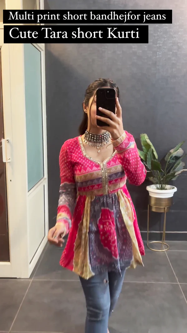 Multi Color Printed Short Bandhej Top