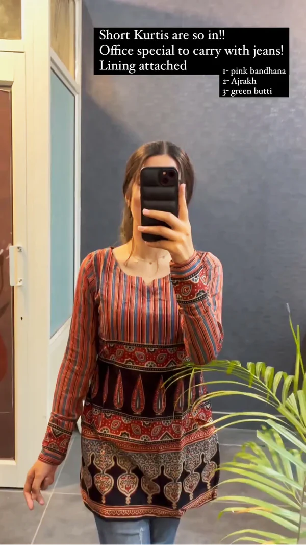 Office Special Short kurtas in Ajrakh Print Lining Attached