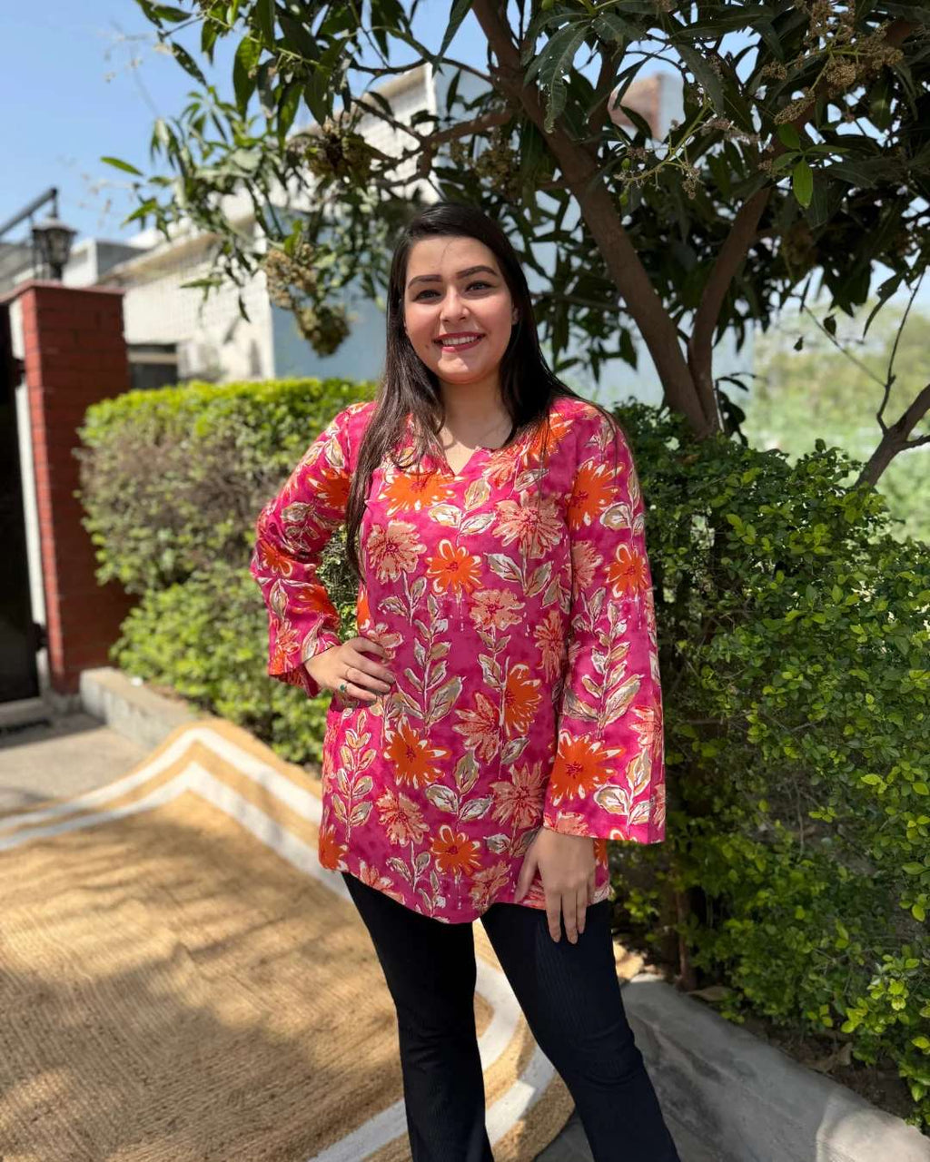 Pink floral rayon short kurti