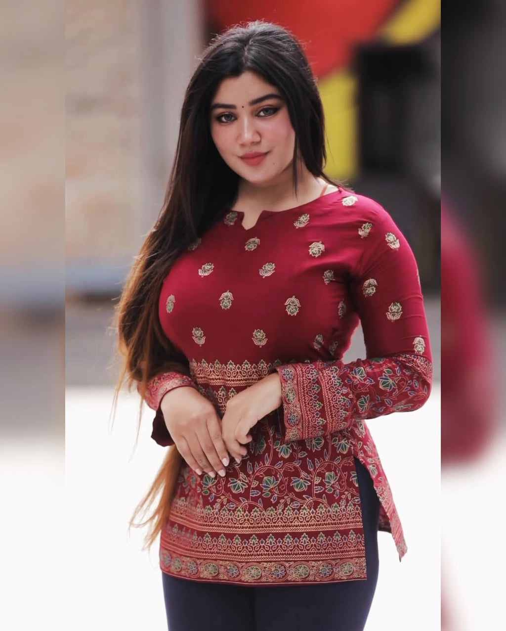 Maroon Jewish Cotton Printed Short Kurti