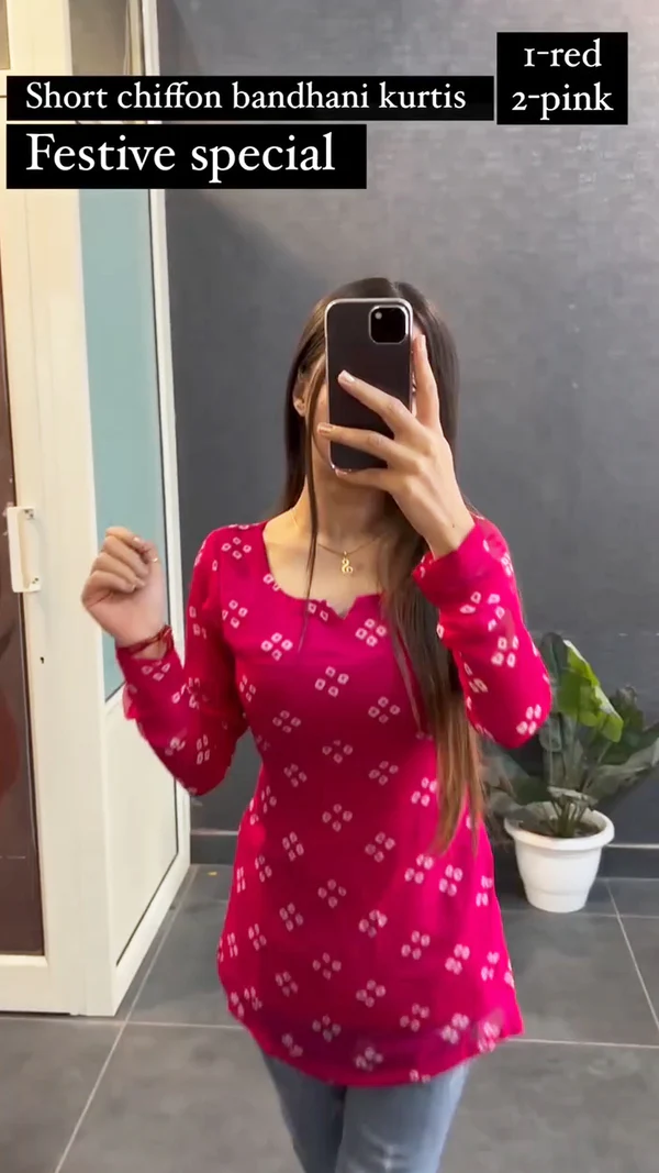Short chiffon Bandhani Kurtis for festival