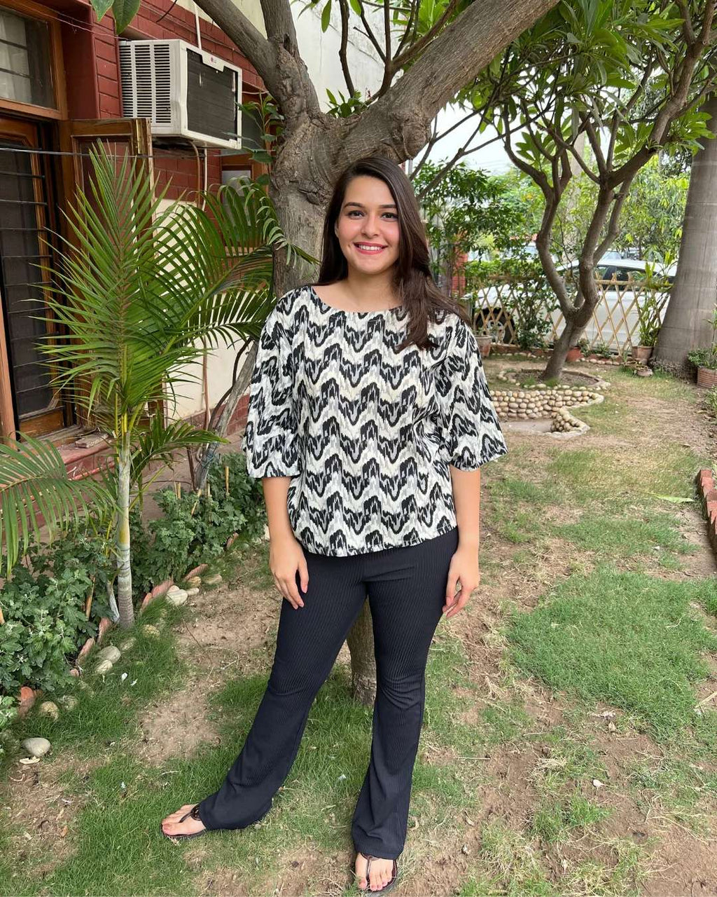 Black White abstract Indowestern Top Kurti