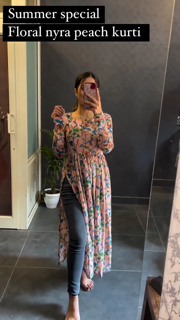 New Red Rayon Printed Less Nayra Cut Kurti