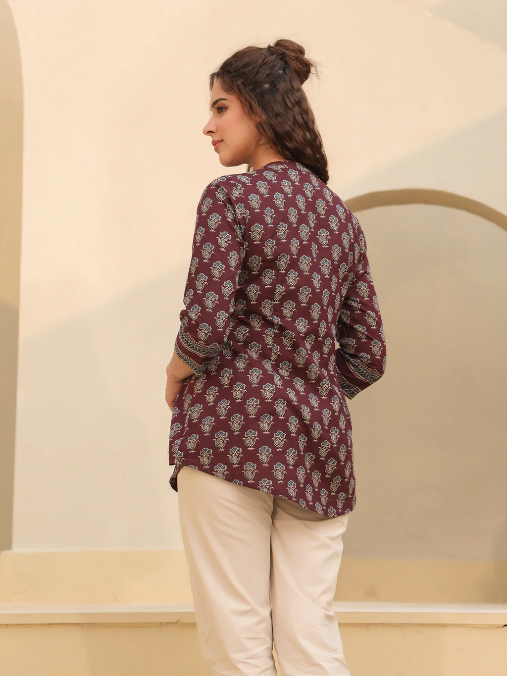 Print Mandarin Collar Cotton Top Kurti