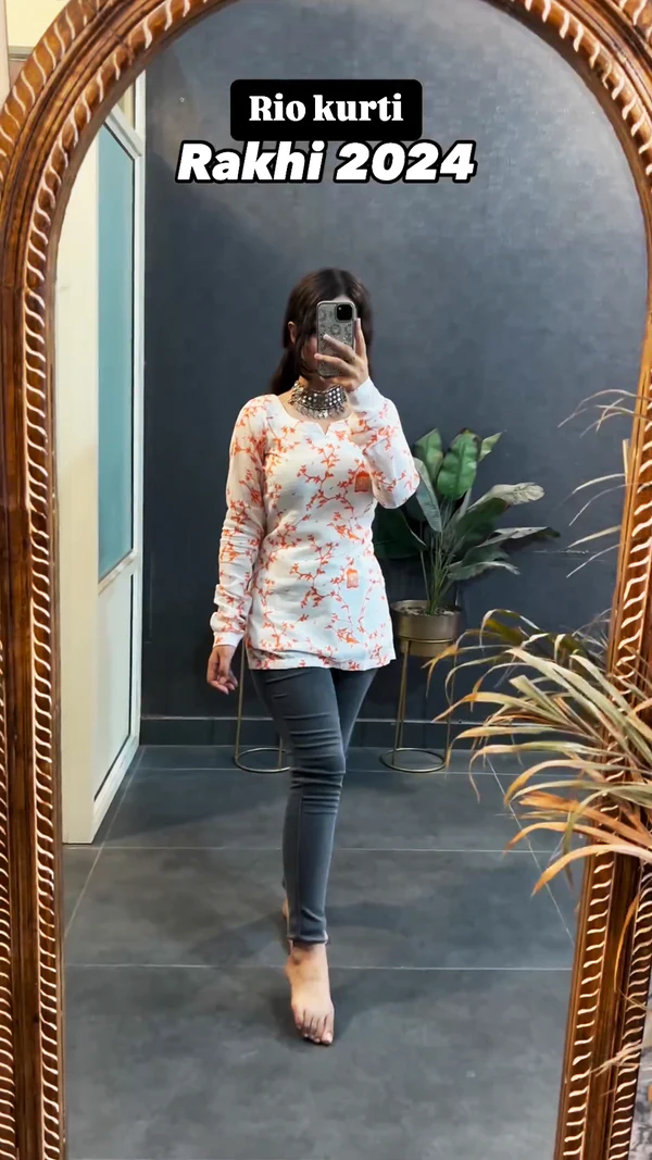 Rakhi New White Orange Printed Short Kurtas with lining