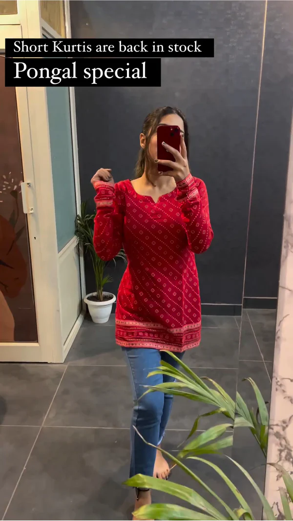 Red Printed Cotton Short Kurti for Women