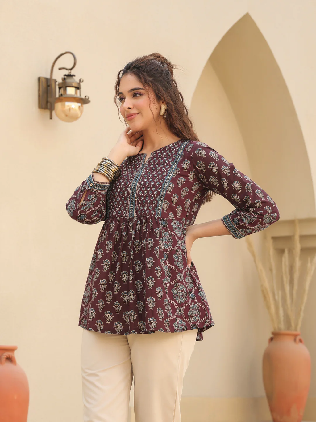 Wine Print Cotton Top Kurti