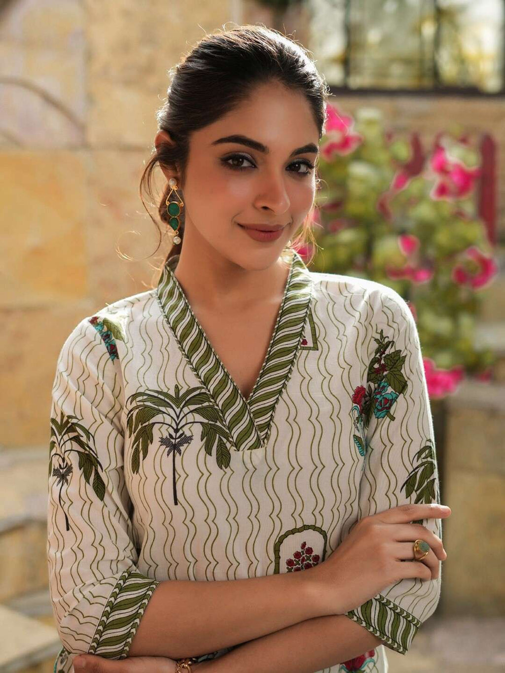 Green & Off White Ethnic Motifs Printed Pure Cotton Kurti
