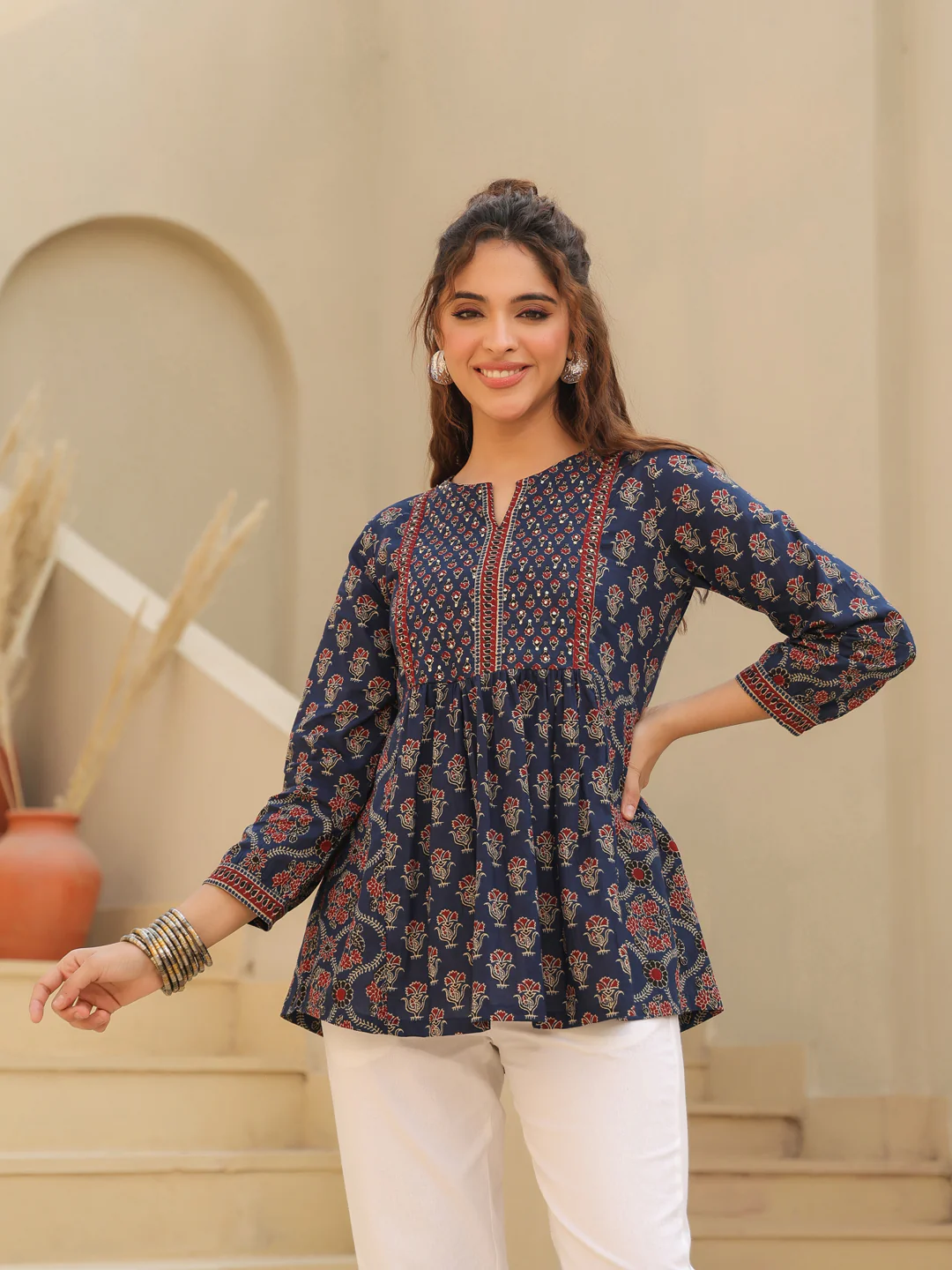 Print Mandarin Collar Cotton Shirt Style Top Blue Kurti