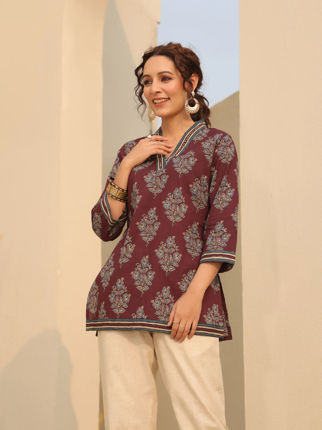 Red Printed Cotton Top Kurti