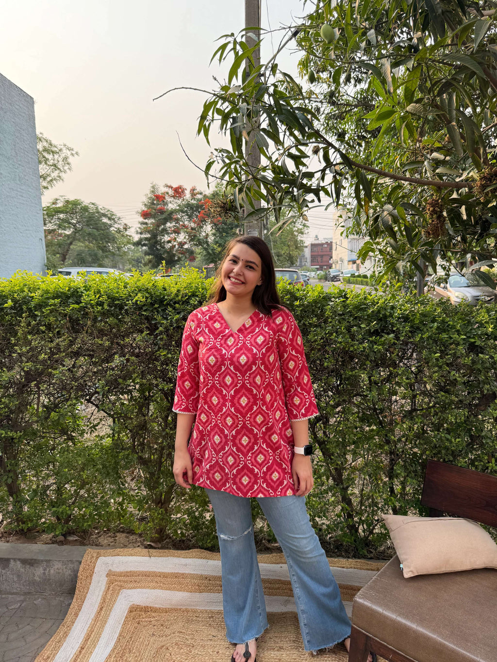 Peach ikkat print kantha kurti
