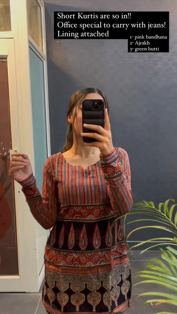 Office Special Short kurtas in Ajrakh Print Lining Attached