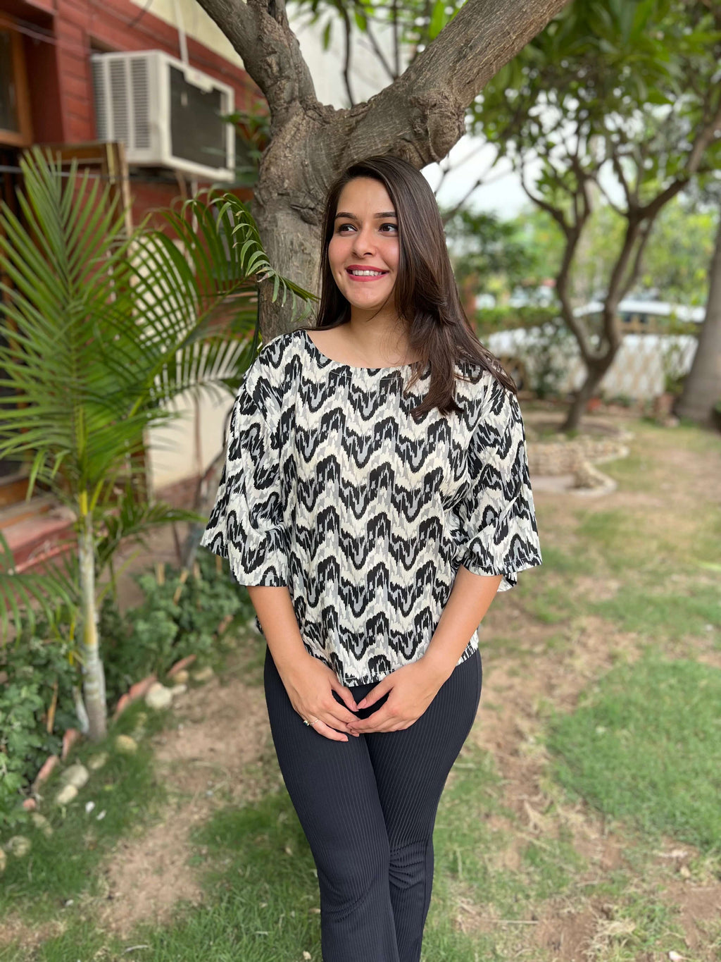 Black White abstract Indowestern Top Kurti