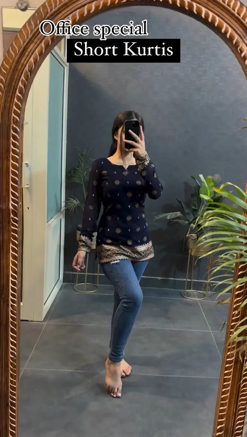 Blue Premium Cotton Printed Short Kurti