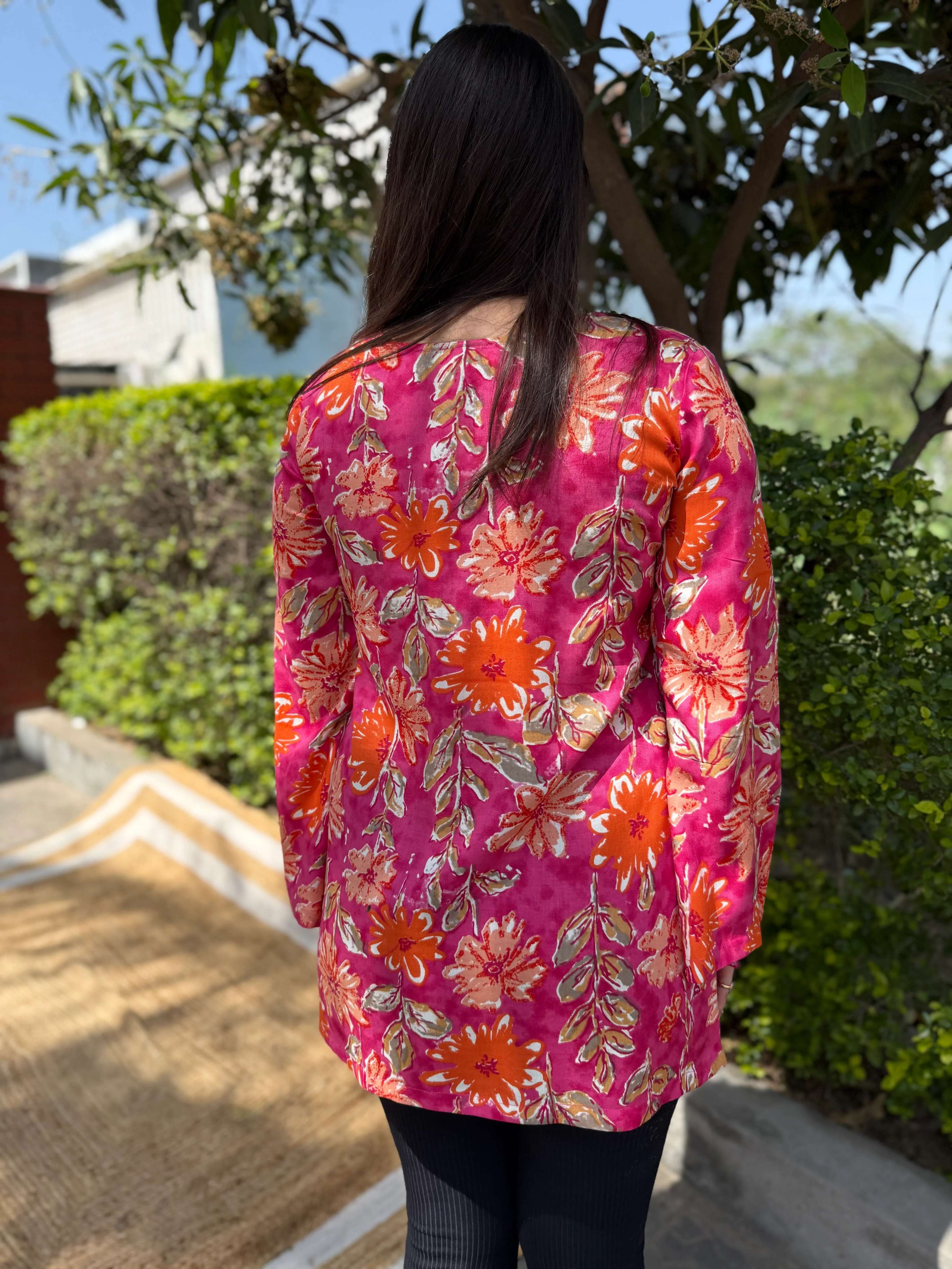 Pink floral rayon short kurti