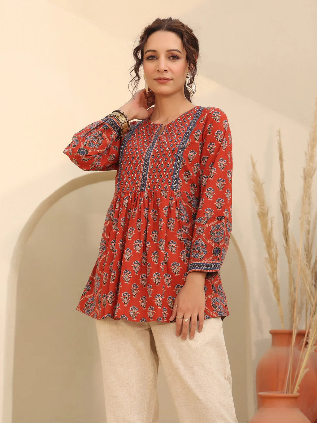 Print Mandarin Collar Cotton Top Kurti
