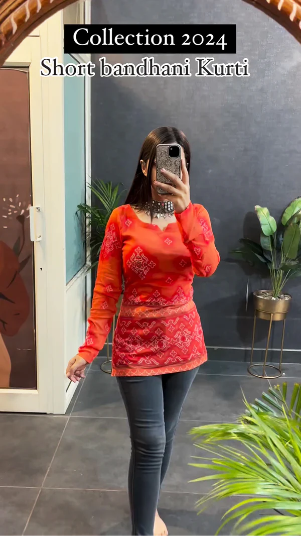 Festive Special Short Rust Orange Bandhani Short Kurti