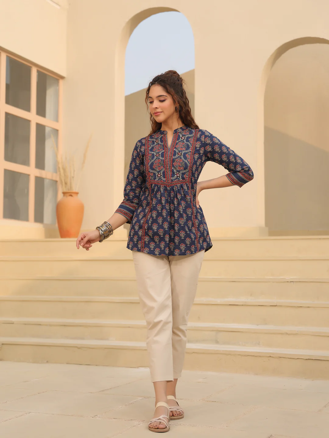 Print Mandarin Collar Cotton Shirt Style Top Kurti