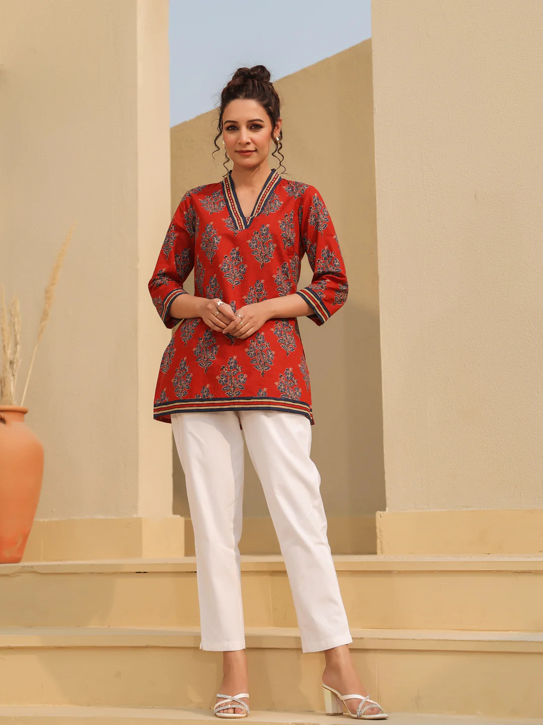 Print Mandarin Collar Cotton Top Kurti