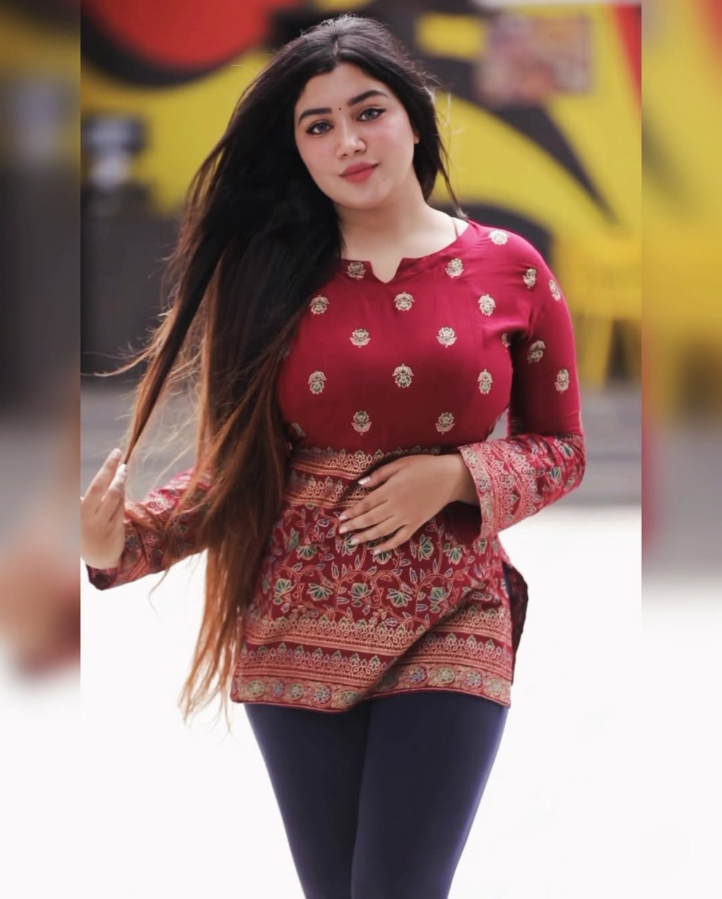 Maroon Jewish Cotton Printed Short Kurti