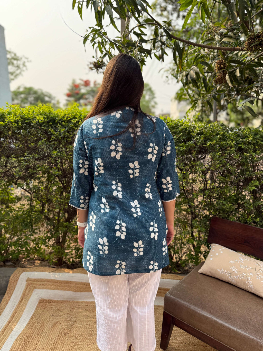 Blue kantha flower short kurti