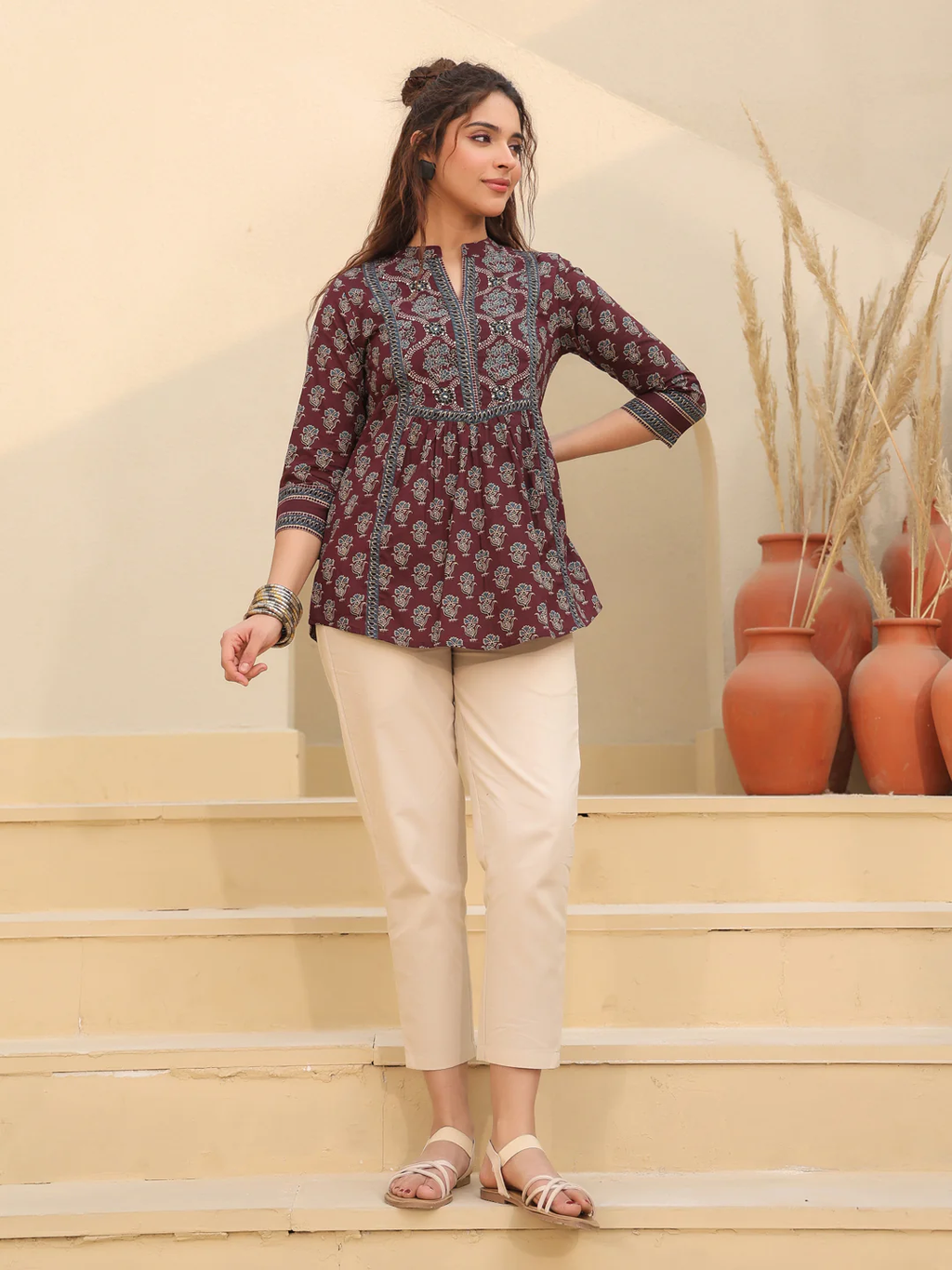 Print Mandarin Collar Cotton Top Kurti