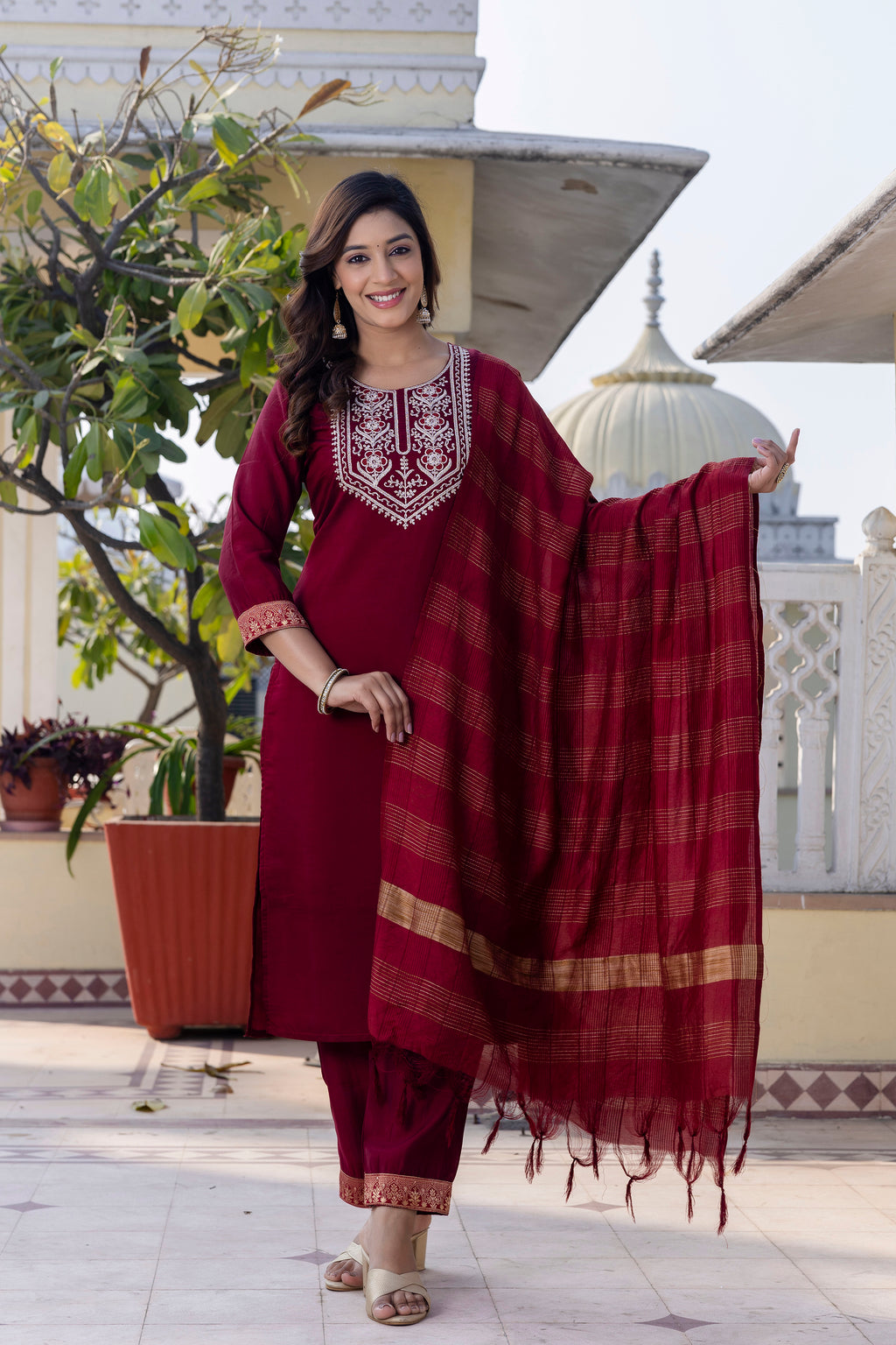Skylee Maroon Rayon Blend Embroidered Kurta Set With Dupatta