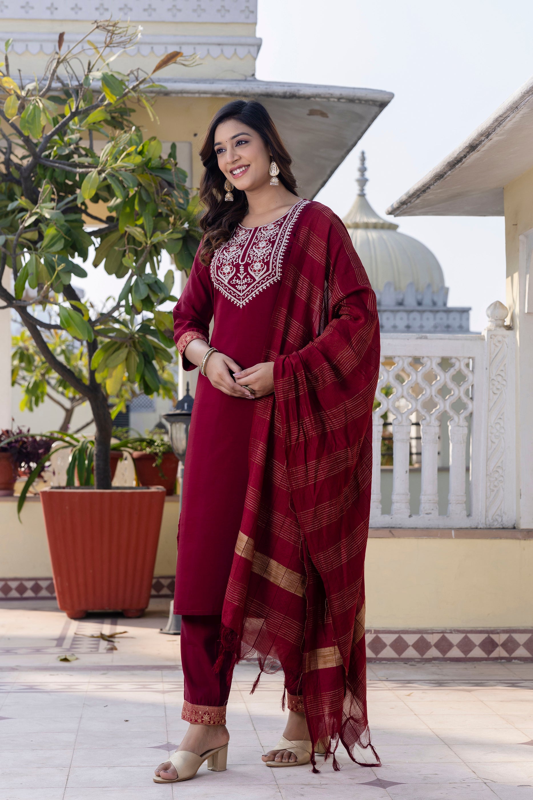 Skylee Maroon Rayon Blend Embroidered Kurta Set With Dupatta