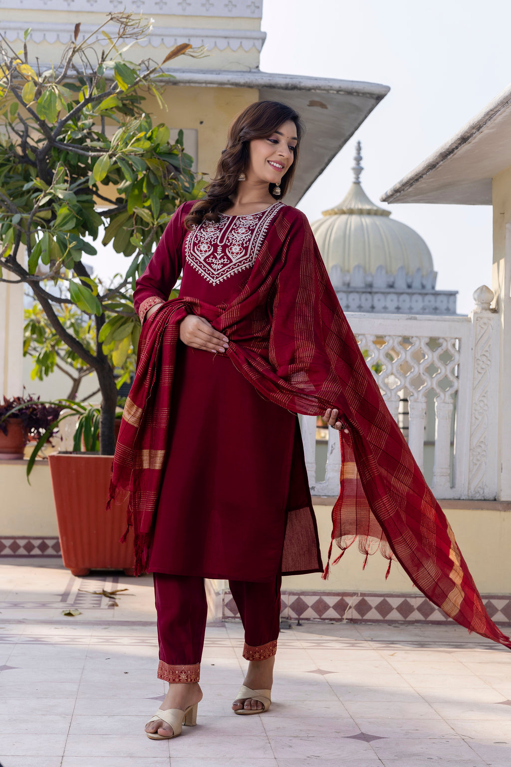 Skylee Maroon Rayon Blend Embroidered Kurta Set With Dupatta