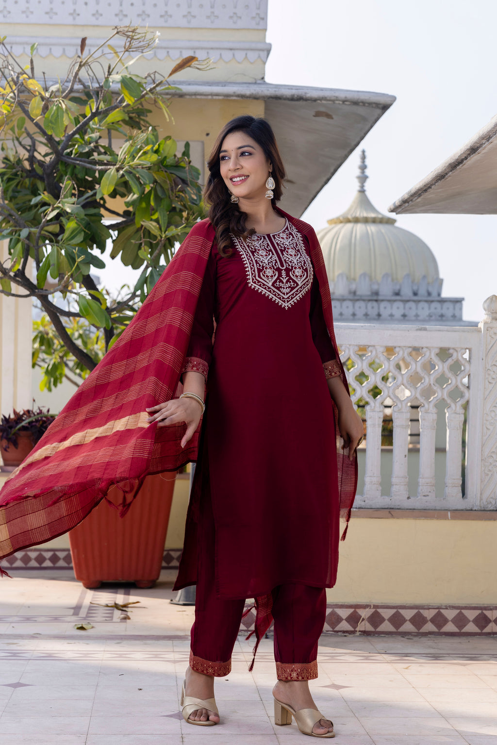 Skylee Maroon Rayon Blend Embroidered Kurta Set With Dupatta