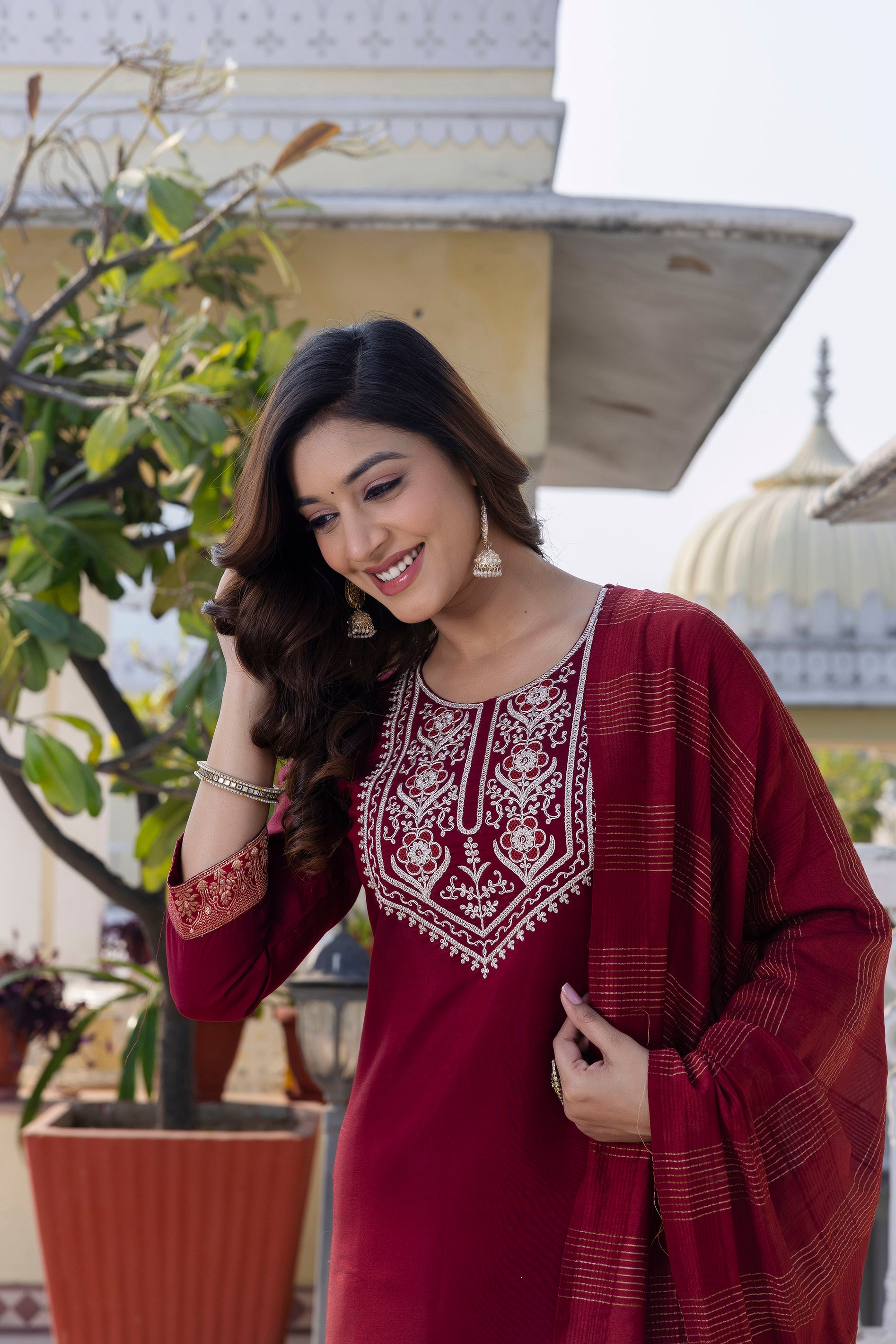Skylee Maroon Rayon Blend Embroidered Kurta Set With Dupatta