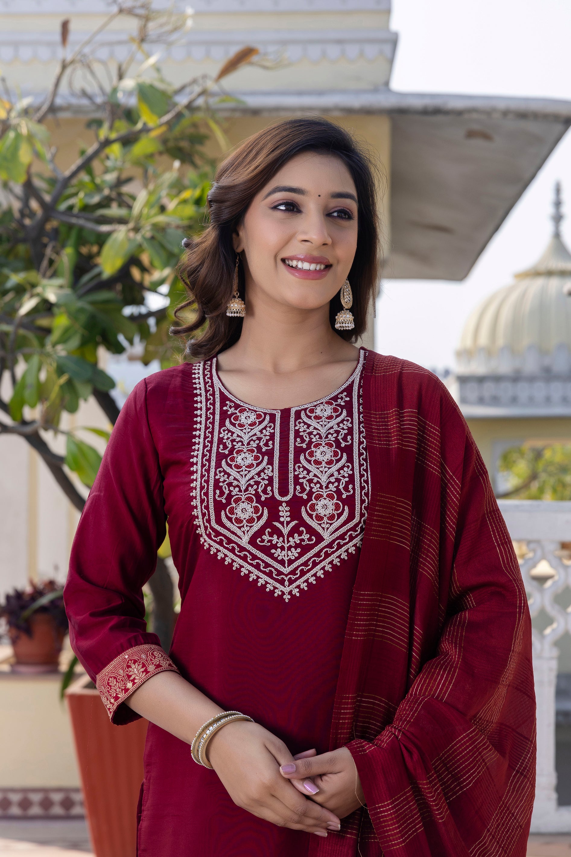 Skylee Maroon Rayon Blend Embroidered Kurta Set With Dupatta