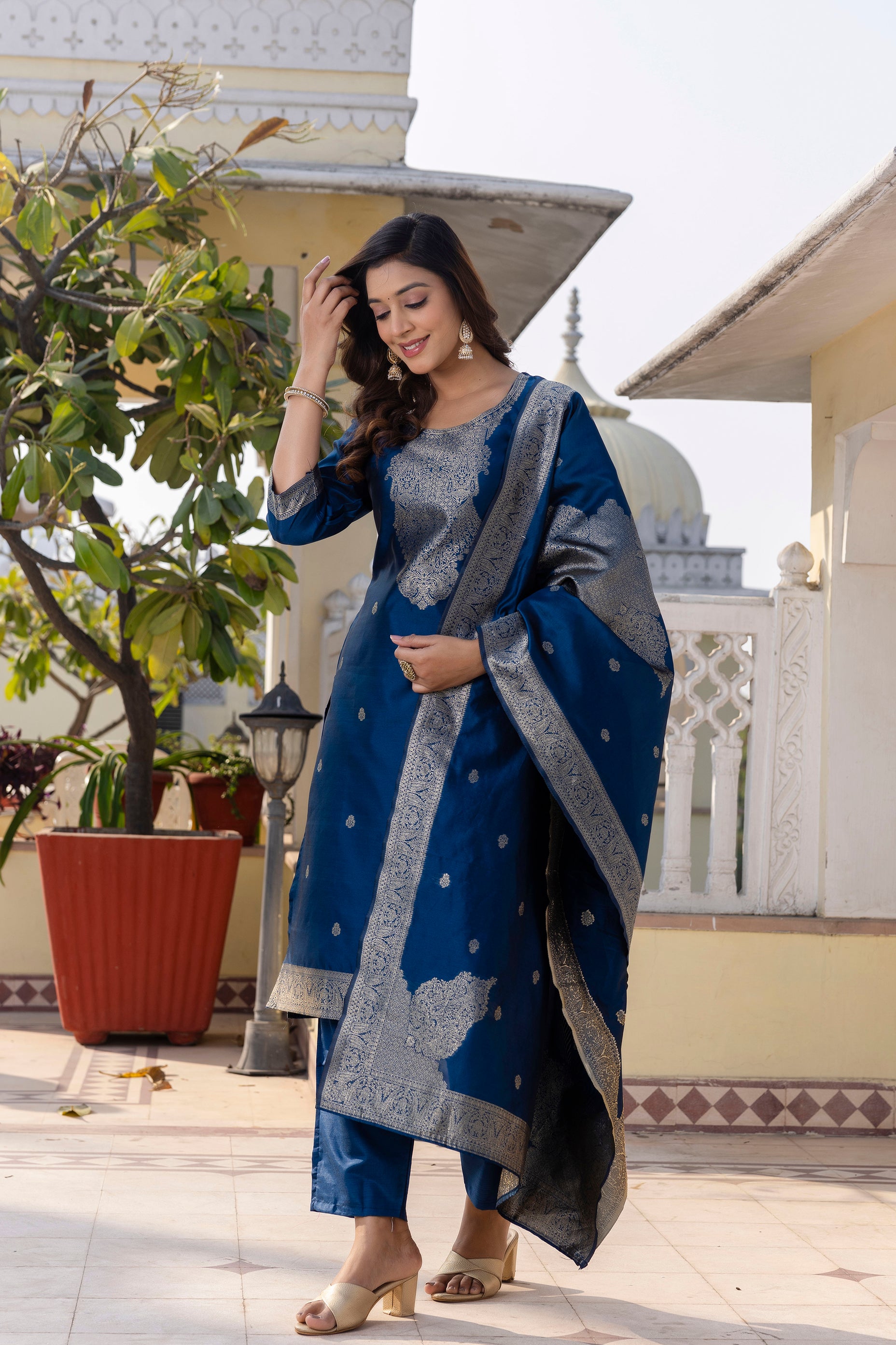 Groovy Blue Pure Heavy Designer Chanderi Silk Suit Set