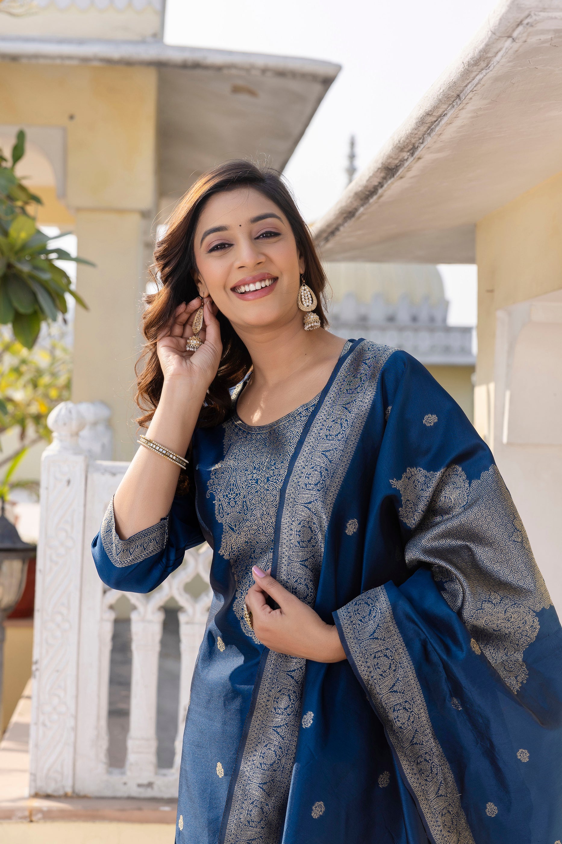 Groovy Blue Pure Heavy Designer Chanderi Silk Suit Set