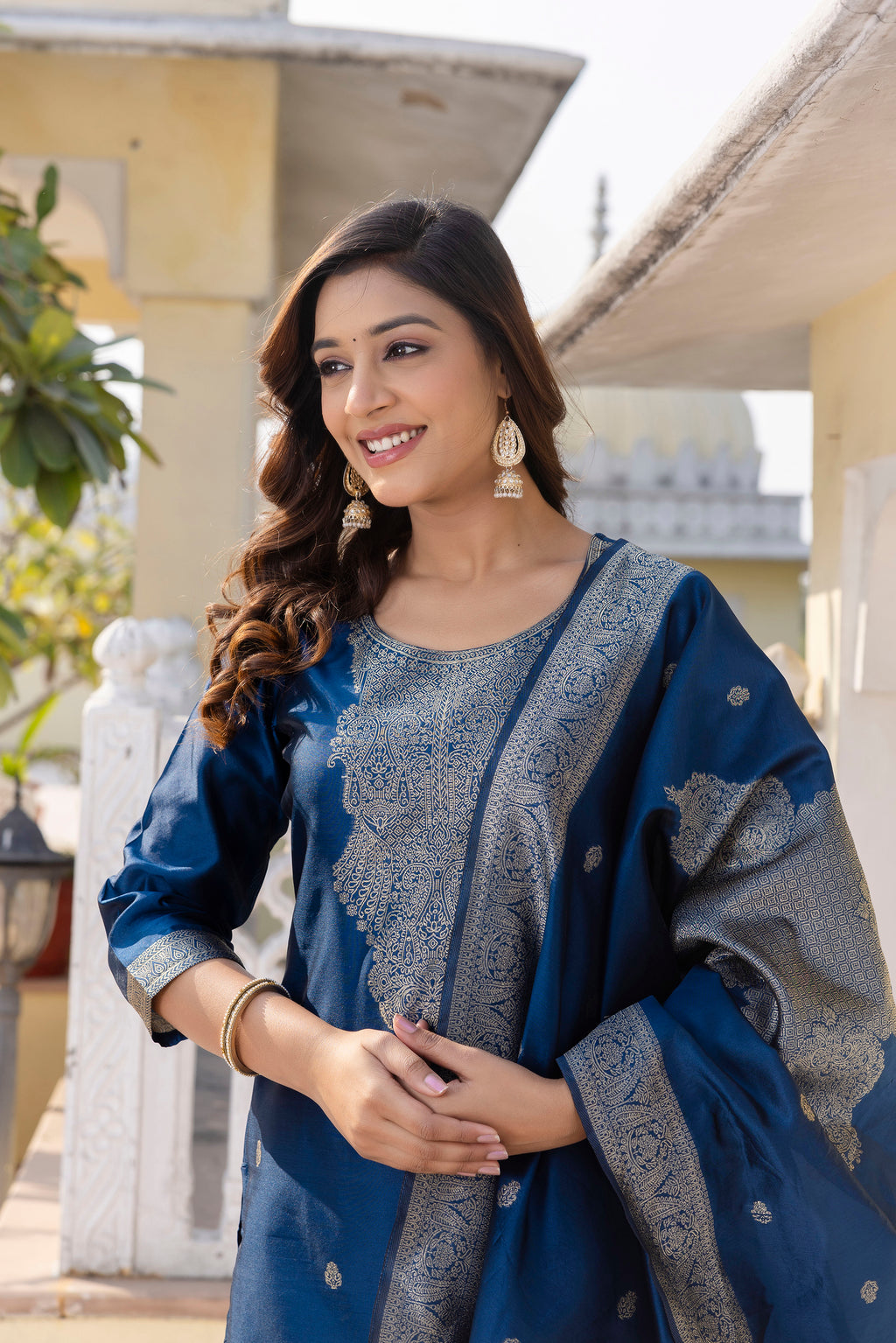 Groovy Blue Pure Heavy Designer Chanderi Silk Suit Set