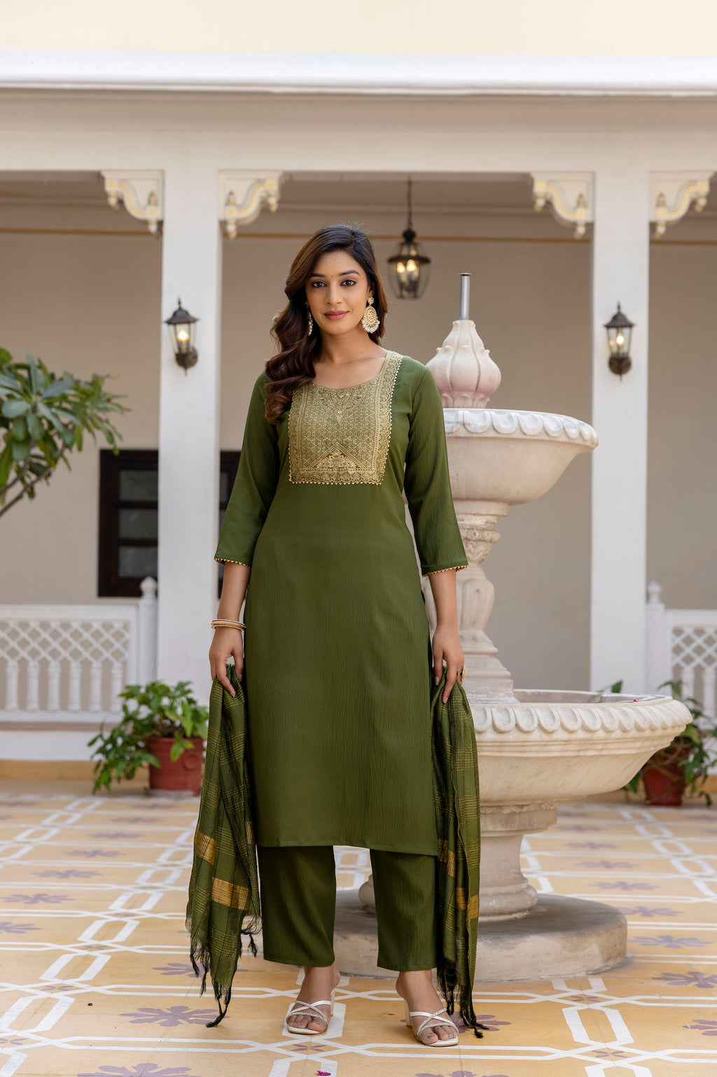 Moss-Green Tissue With Floral Print and Embroidery Kurta Set