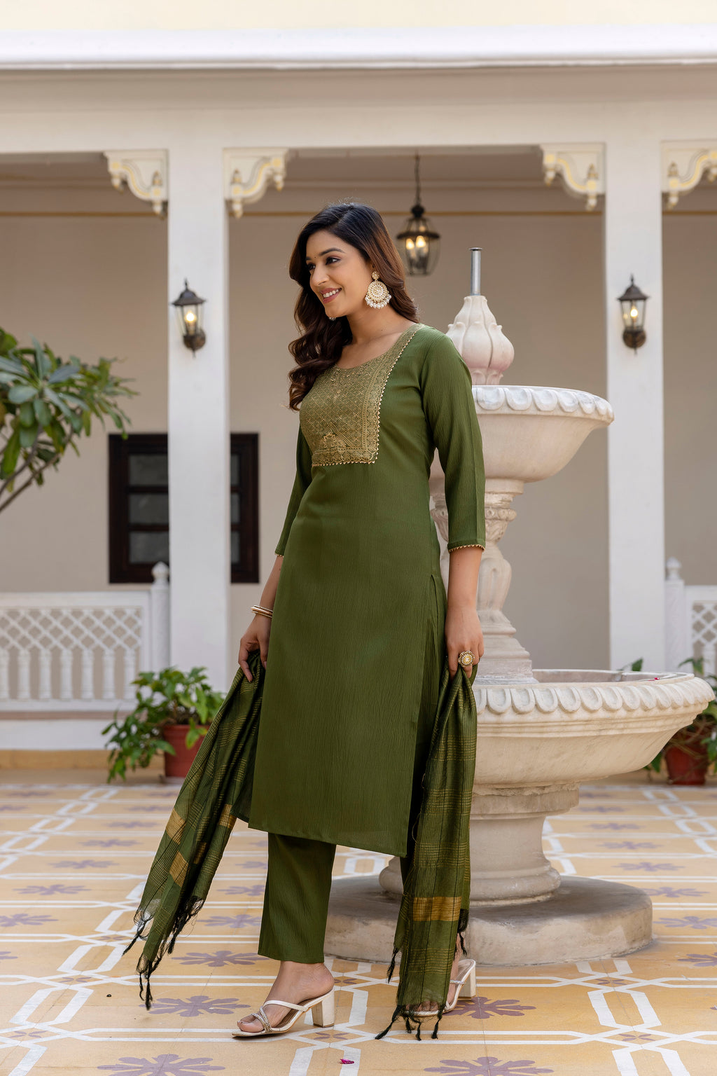 Moss-Green Tissue With Floral Print and Embroidery Kurta Set