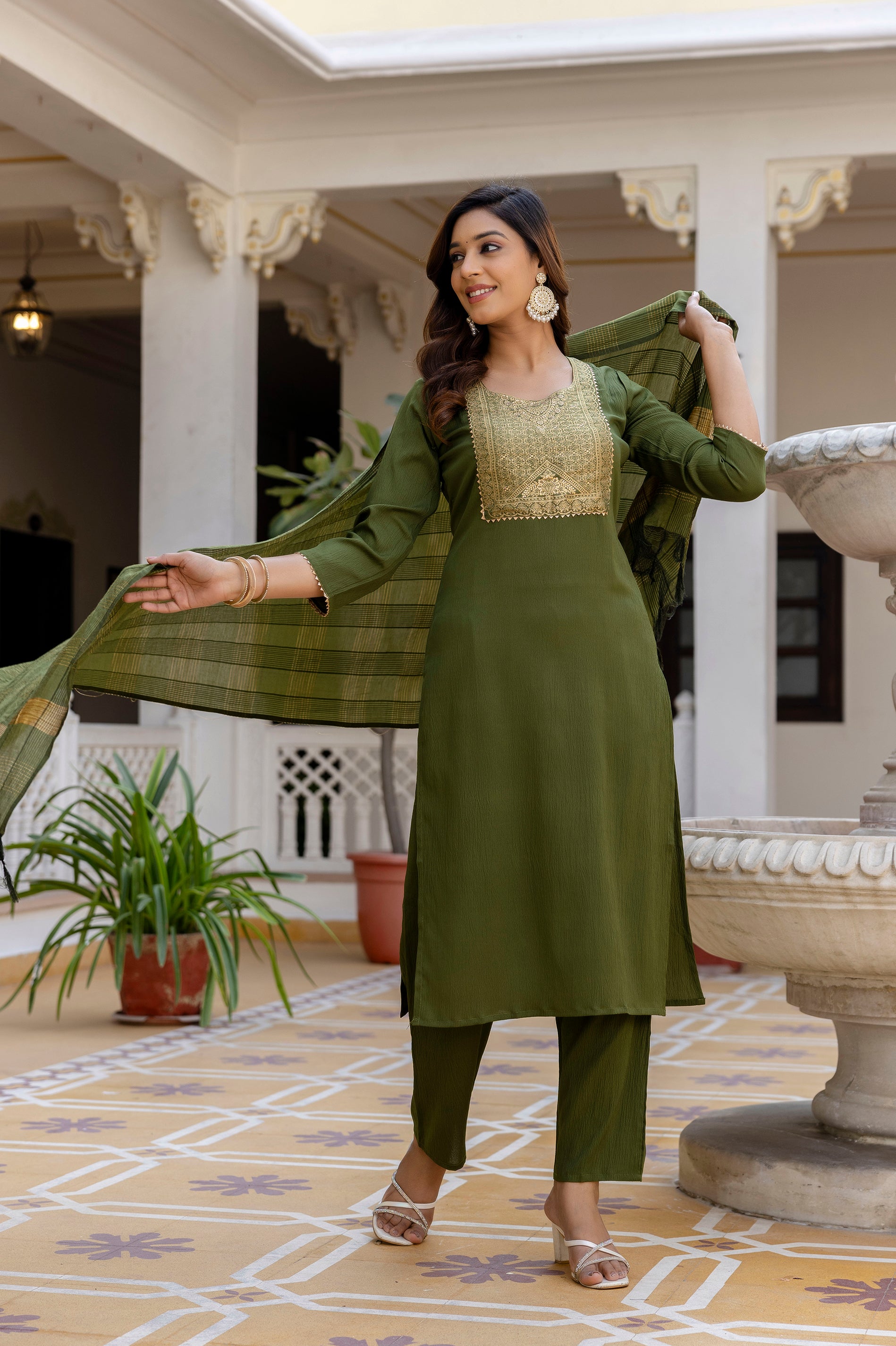 Moss-Green Tissue With Floral Print and Embroidery Kurta Set
