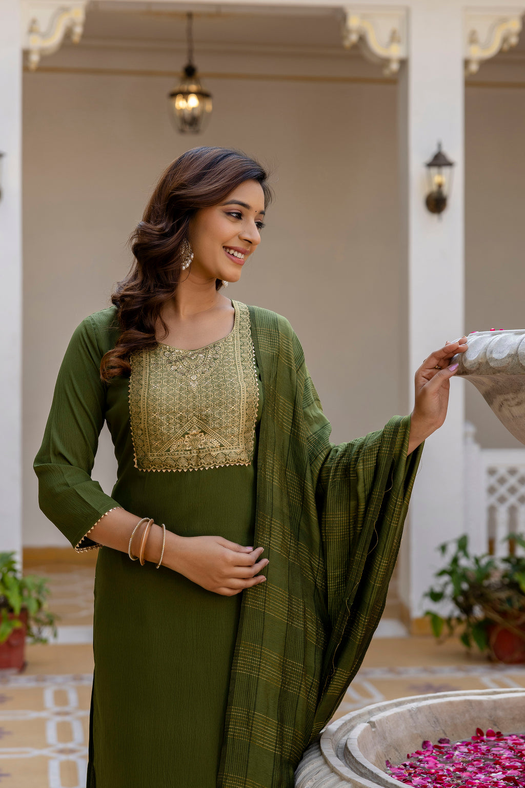 Moss-Green Tissue With Floral Print and Embroidery Kurta Set
