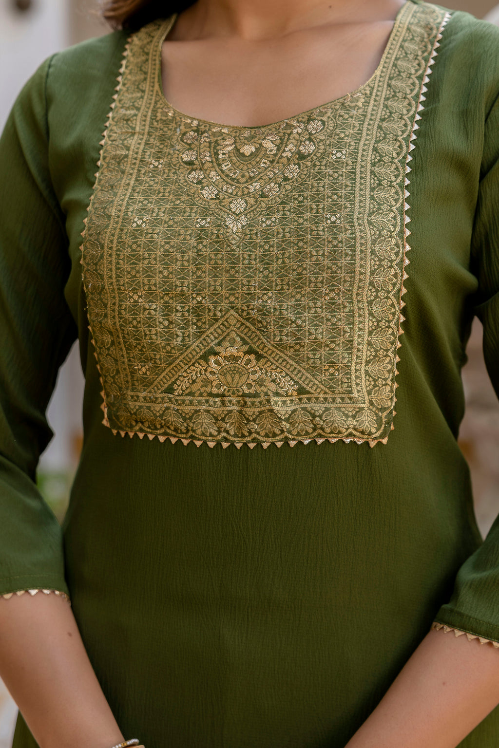 Moss-Green Tissue With Floral Print and Embroidery Kurta Set